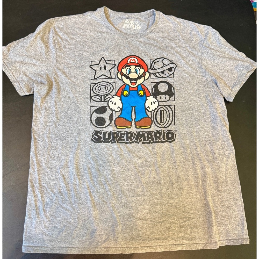 Super Mario Nintendo Men's Gray Graphic T-Shirt Featuring Icons XL